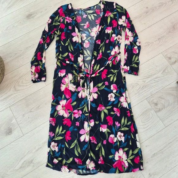 Victoria Leland Sweaters - Victoria Leland Floral Duster Cardigan Navy Pink Viscose Tie Waist OS Whimsigoth